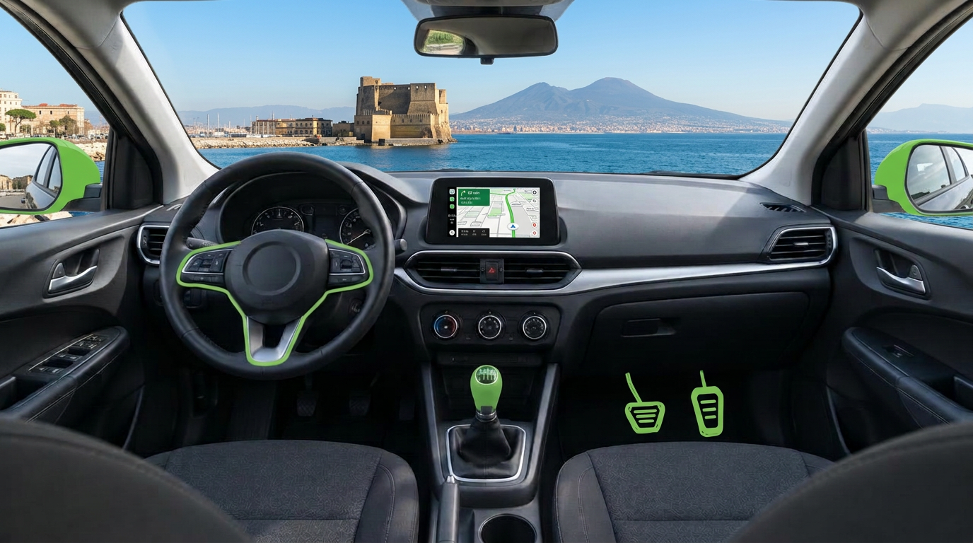 Interno di un’auto con vista sulla strada